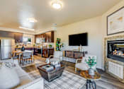 Thumbnail 43 of 53 - A modern living room with a fireplace and a flat screen TV.