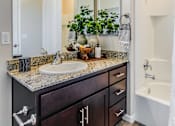Thumbnail 44 of 53 - A bathroom with a sink, mirror, and a plant.