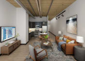 Thumbnail 9 of 10 - a living room with white walls and a wooden ceiling with exposed beams