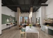 Thumbnail 3 of 10 - a rendering of the interior of a building with a kitchen and living room