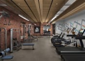 Thumbnail 4 of 10 - a gym with a brick wall and wood ceiling