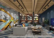 Thumbnail 10 of 10 - a rendering of a living room with blue walls and a large mural on the wall