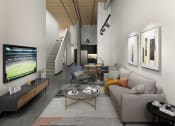 Thumbnail 5 of 10 - a rendering of a living room with a couch and coffee table in front of a flat screen