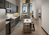 Thumbnail 7 of 10 - a rendering of a kitchen and living room in an apartment