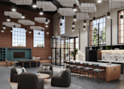Thumbnail 4 of 27 - A modern living room with a fireplace and a kitchen area in the background.
