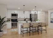 Thumbnail 2 of 27 - A modern kitchen with a large island and four chairs.
