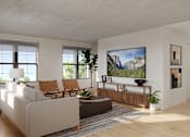 Thumbnail 6 of 27 - A living room with a large painting on the wall and a couch.