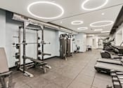 Thumbnail 9 of 33 - A well-equipped gym with various fitness machines and weights.