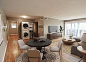 Thumbnail 6 of 25 - A living room with a round table and chairs.