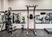 Thumbnail 12 of 25 - A gym with a variety of equipment including a treadmill, weights, and a leg press machine.