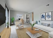 Thumbnail 11 of 39 - a living room with a white couch and a wooden coffee table