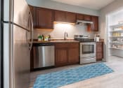 Thumbnail 19 of 39 - a kitchen with stainless steel appliances and a blue rug