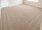 Thumbnail 3 of 11 - A room with a carpeted floor and a window showing trees outside.