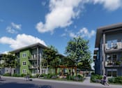 Thumbnail 1 of 5 - a rendering of a green apartment complex with people walking on the street