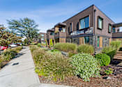 Thumbnail 24 of 28 - A modern building with the sign "NowLeasing Edition" is surrounded by a variety of plants and trees.