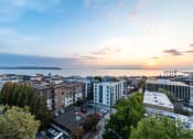 Thumbnail 27 of 32 - a cityscape with a sunset in the background and a body of water in the distance