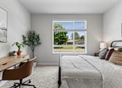 Thumbnail 10 of 21 - A bedroom with a bed, desk, chair, and a window overlooking a green outdoor area.