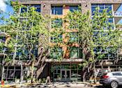 Thumbnail 1 of 29 - A modern building with a tree growing out of the entrance.