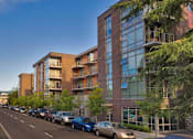 Thumbnail 28 of 29 - A street view of a residential area with cars parked on the side of the road and modern apartment buildings.