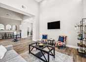 Thumbnail 14 of 28 - A living room with a grey couch, a coffee table, and a TV on the wall.
