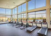 Thumbnail 3 of 35 - A gym with treadmills and a view of a pool outside.