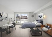 Thumbnail 4 of 28 - a bedroom with a bed and a living room with a table and chairs
