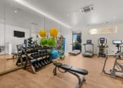 Thumbnail 20 of 21 - a gym with cardio equipment and weights on a wooden floor