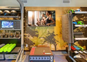 Thumbnail 18 of 48 - a gym with weights and a television on the wall