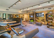 Thumbnail 20 of 48 - a gym with treadmills and weights and a television