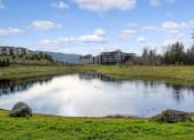Thumbnail 40 of 48 - a pond with buildings in the background and a blue sky with clouds