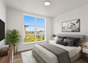 Thumbnail 8 of 30 - A bedroom with a large bed and a large window overlooking a cityscape.