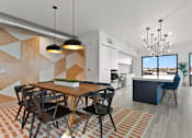 Thumbnail 12 of 30 - A modern dining room with a wooden table and chairs.