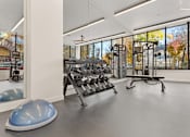 Thumbnail 24 of 30 - A gym with a variety of equipment including a rowing machine, a bench press, and a leg press.
