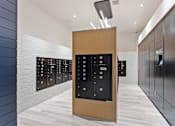 Thumbnail 26 of 30 - A modern elevator lobby with a wooden door and black elevators.