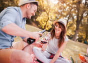 Thumbnail 26 of 26 - Man and Woman Smiling while Having Picnic and Drinking Wine