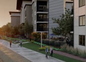 Thumbnail 5 of 9 - a rendering of people walking on a sidewalk next to a river