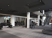 Thumbnail 9 of 9 - A gym with treadmills, weights, and exercise equipment.