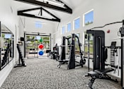 Thumbnail 29 of 48 - A gym with a variety of equipment including a squat rack, a bench press, and a rowing machine.