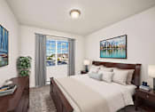 Thumbnail 2 of 13 - A bedroom with a large bed, a window with a view of a lake, and a painting on the wall.