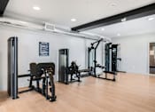Thumbnail 13 of 22 - A gym with a variety of equipment including a treadmill, a stationary bike, a rowing machine, a bench press, and a squat rack.