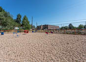 Thumbnail 6 of 14 - A sandy playground with red and blue swings and a basketball hoop.