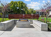 Thumbnail 16 of 26 - A fire pit is surrounded by concrete blocks in a park.