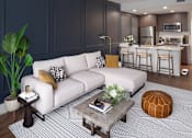 Thumbnail 15 of 35 - A modern living room with a white sofa and a coffee table.