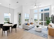 Thumbnail 1 of 22 - A modern living room with a dining table and chairs.