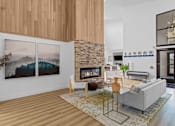 Thumbnail 6 of 48 - a rendering of a living room with a stone fireplace and wood floors
