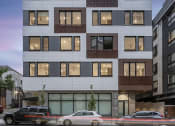 Thumbnail 12 of 33 - a rendering of an apartment building on a city street with cars parked in front of it