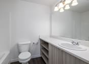 Thumbnail 27 of 34 - a bathroom with a toilet and a sink and a mirror