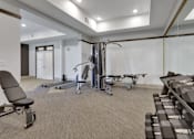 Thumbnail 10 of 23 - A gym with a variety of equipment including weights and a treadmill.