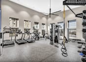 Thumbnail 16 of 43 - A spacious gym with a variety of equipment including treadmills, weights, and a bench press.
