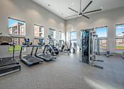 Thumbnail 17 of 43 - A spacious gym with treadmills, elliptical machines, and a fan.